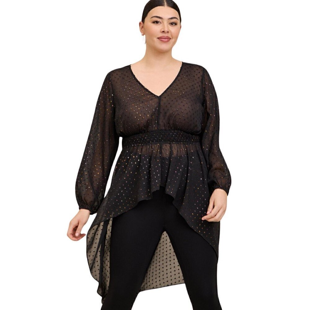 Torrid NWT Chiffon Rainbow Clip Dot Top Black 3X Whimsigoth Semi-Sheer Shirt